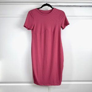 Fuchsia Pink Bodycon Ribbed Mini Short Sleeve Dress